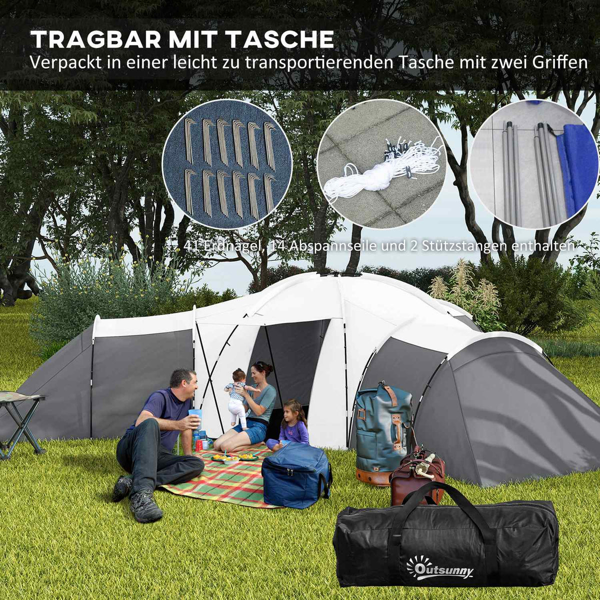 Tunnel Tent Camping Tent 6-9 Person Family Tent 3 Bedrooms Living Room Porch 2000Mm Oxford Gray