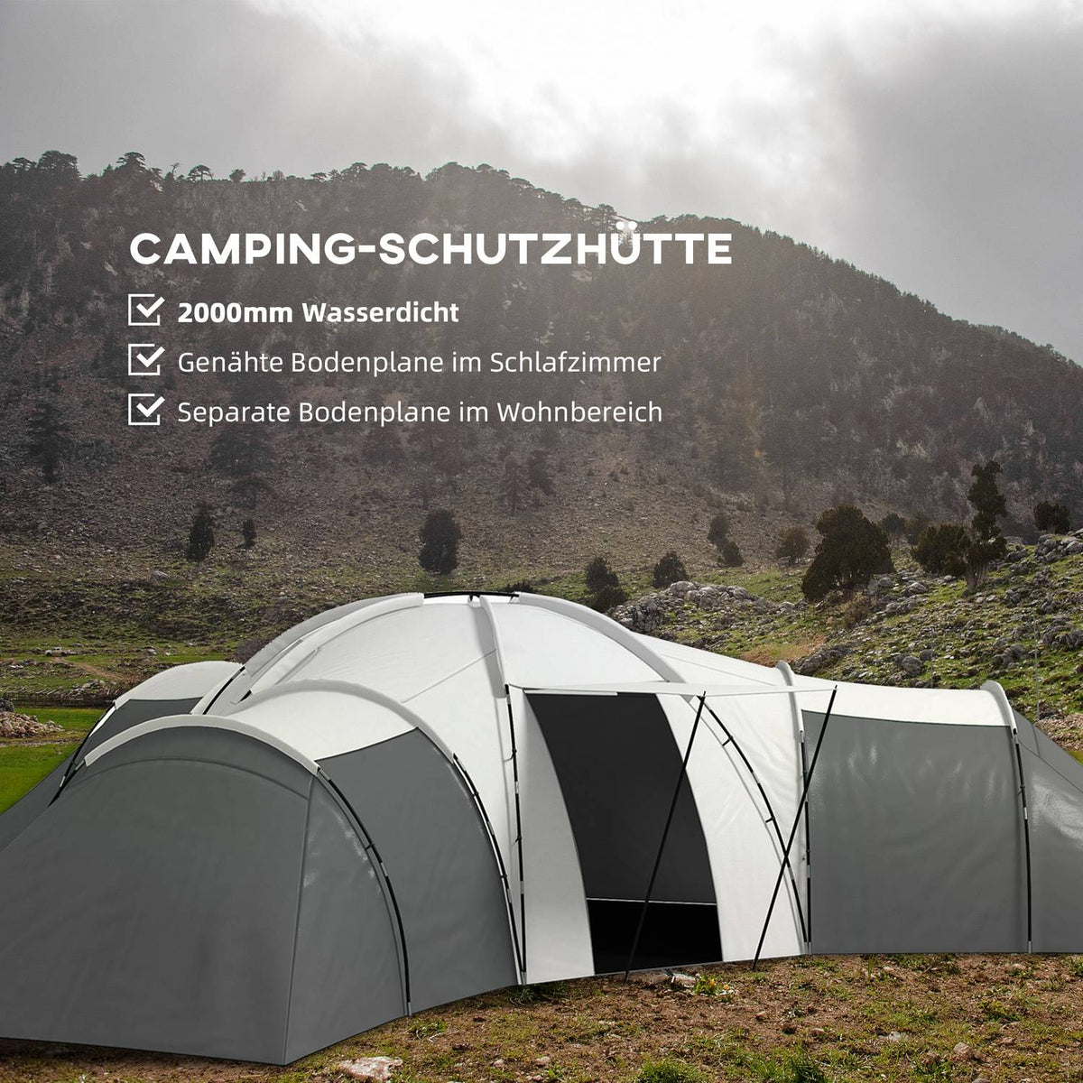 Tunnel Tent Camping Tent 6-9 Person Family Tent 3 Bedrooms Living Room Porch 2000Mm Oxford Gray