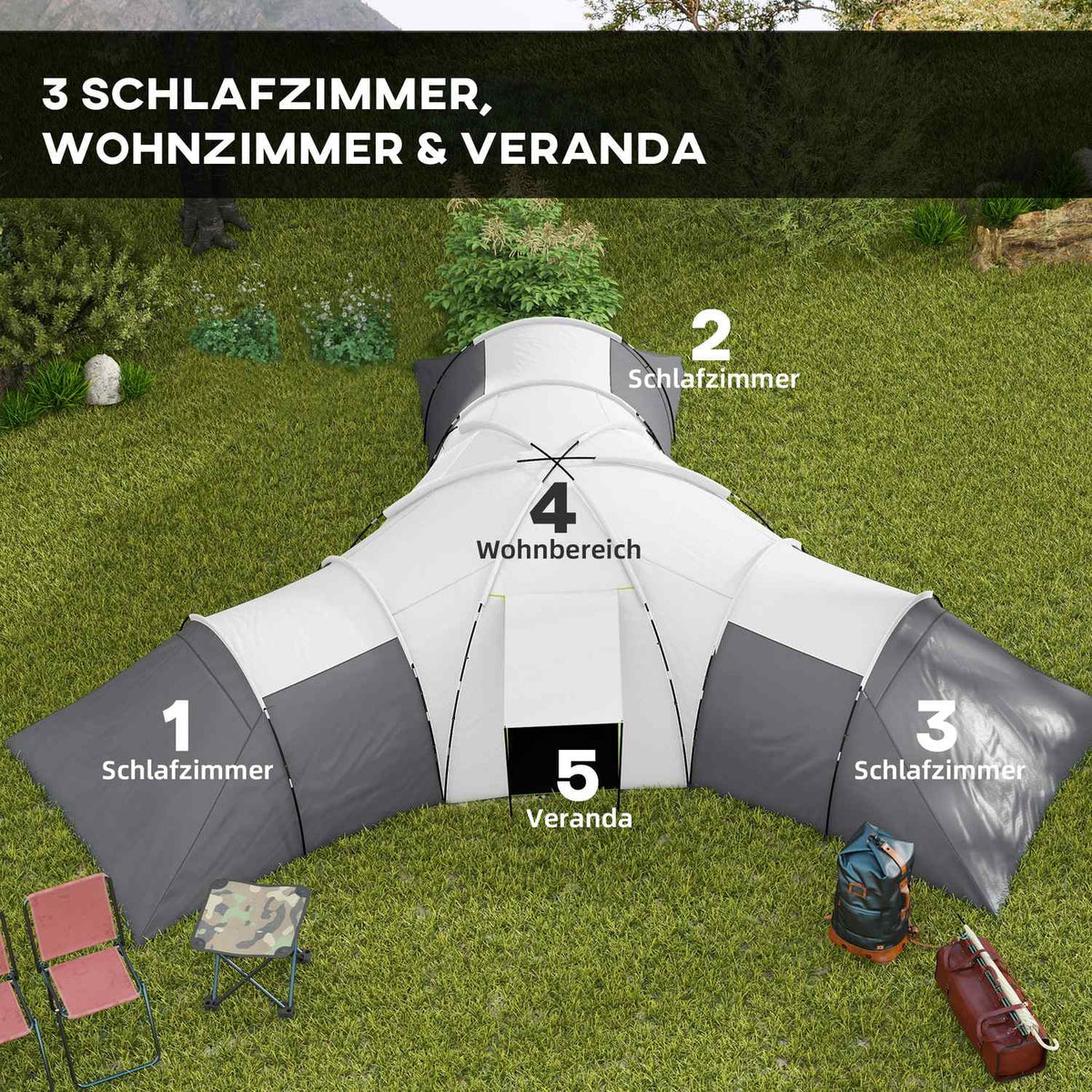 Tunnel Tent Camping Tent 6-9 Person Family Tent 3 Bedrooms Living Room Porch 2000Mm Oxford Gray