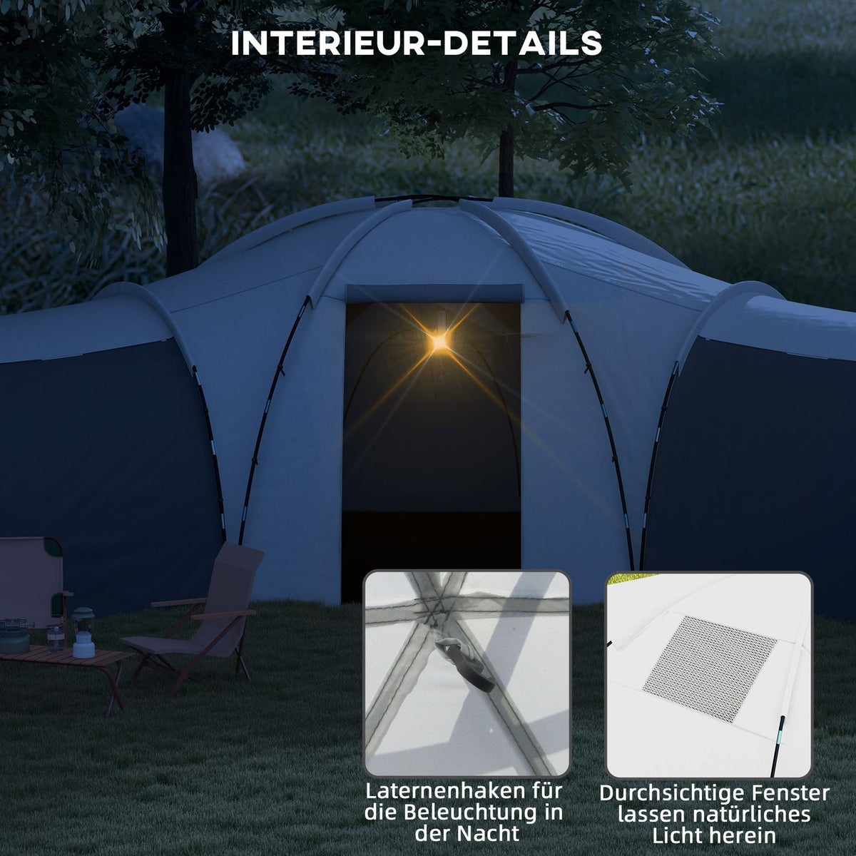 Tunnel Tent Camping Tent 6-9 Person Family Tent 3 Bedrooms Living Room Porch 2000Mm Oxford Gray