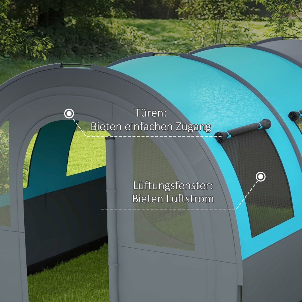 Tunnel Tent Camping Tent 6 People 2 Rooms Light Hook Group Tent Carry Bag 3000Mm Family Tent Garden Gray