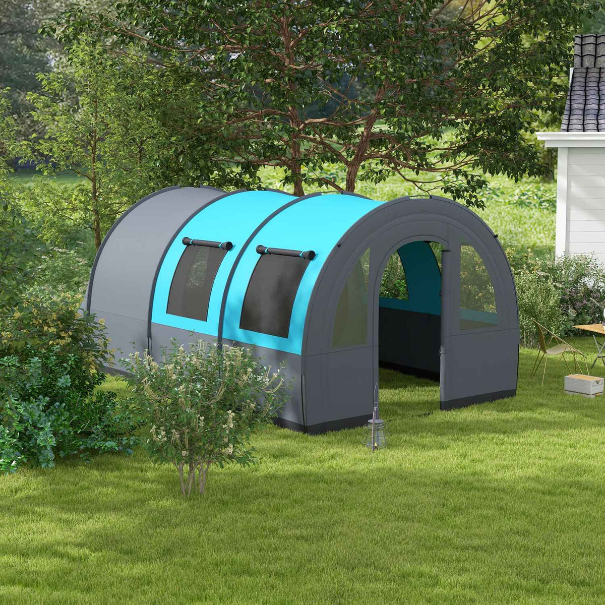 Tunnel Tent Camping Tent 6 People 2 Rooms Light Hook Group Tent Carry Bag 3000Mm Family Tent Garden Gray