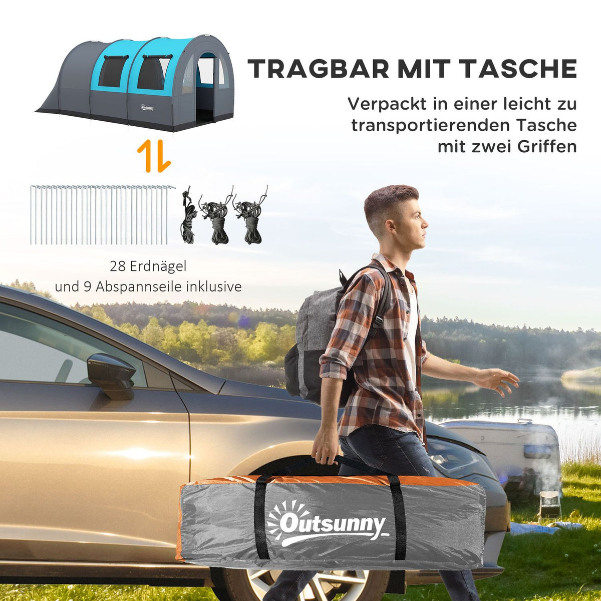 Tunnel Tent Camping Tent 6 People 2 Rooms Light Hook Group Tent Carry Bag 3000Mm Family Tent Garden Gray
