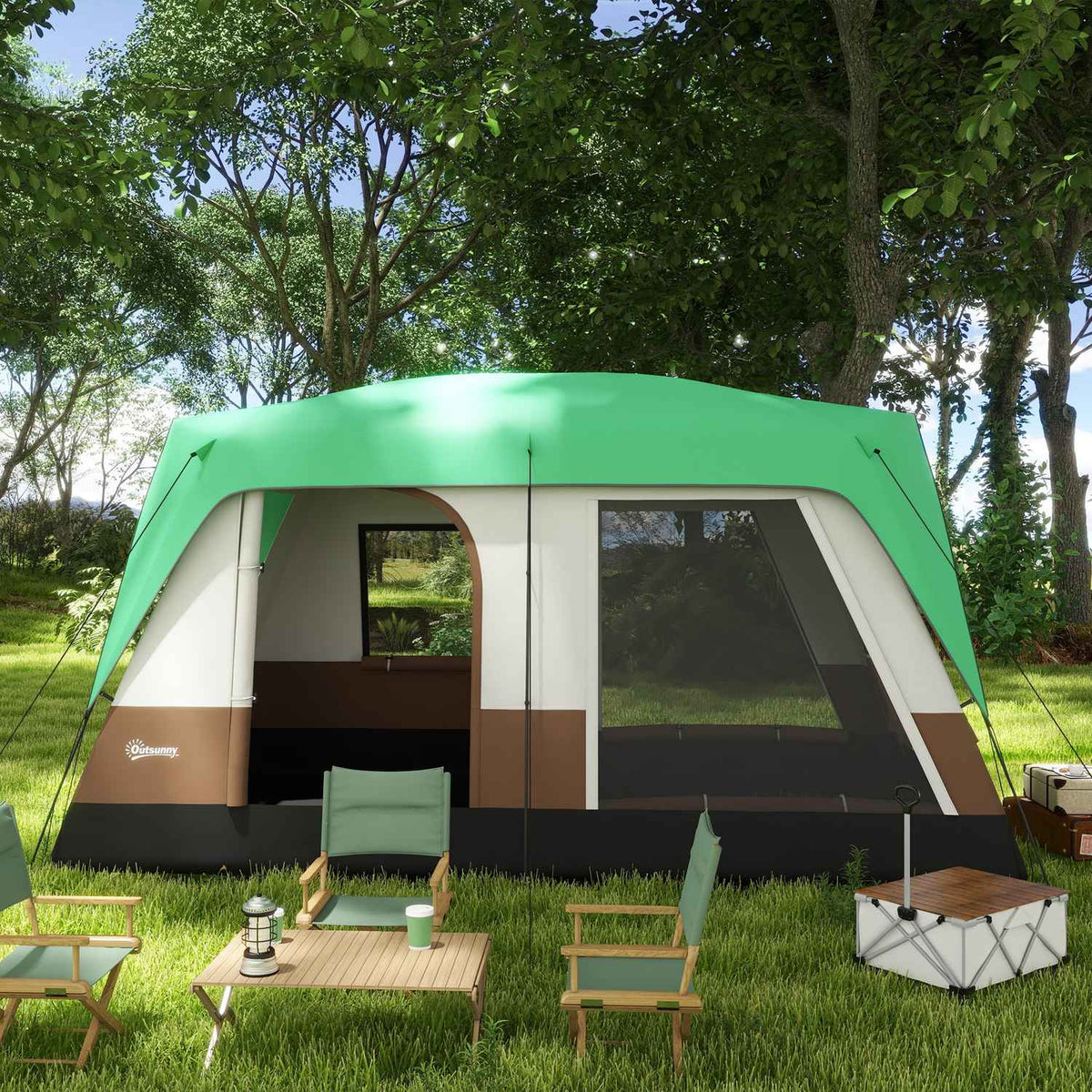 Tunnel Tent Camping Tent 8 Person Light Hook Mesh Window Family Tent Carry Bag 3000Mm Group Tent Garden Camping Green