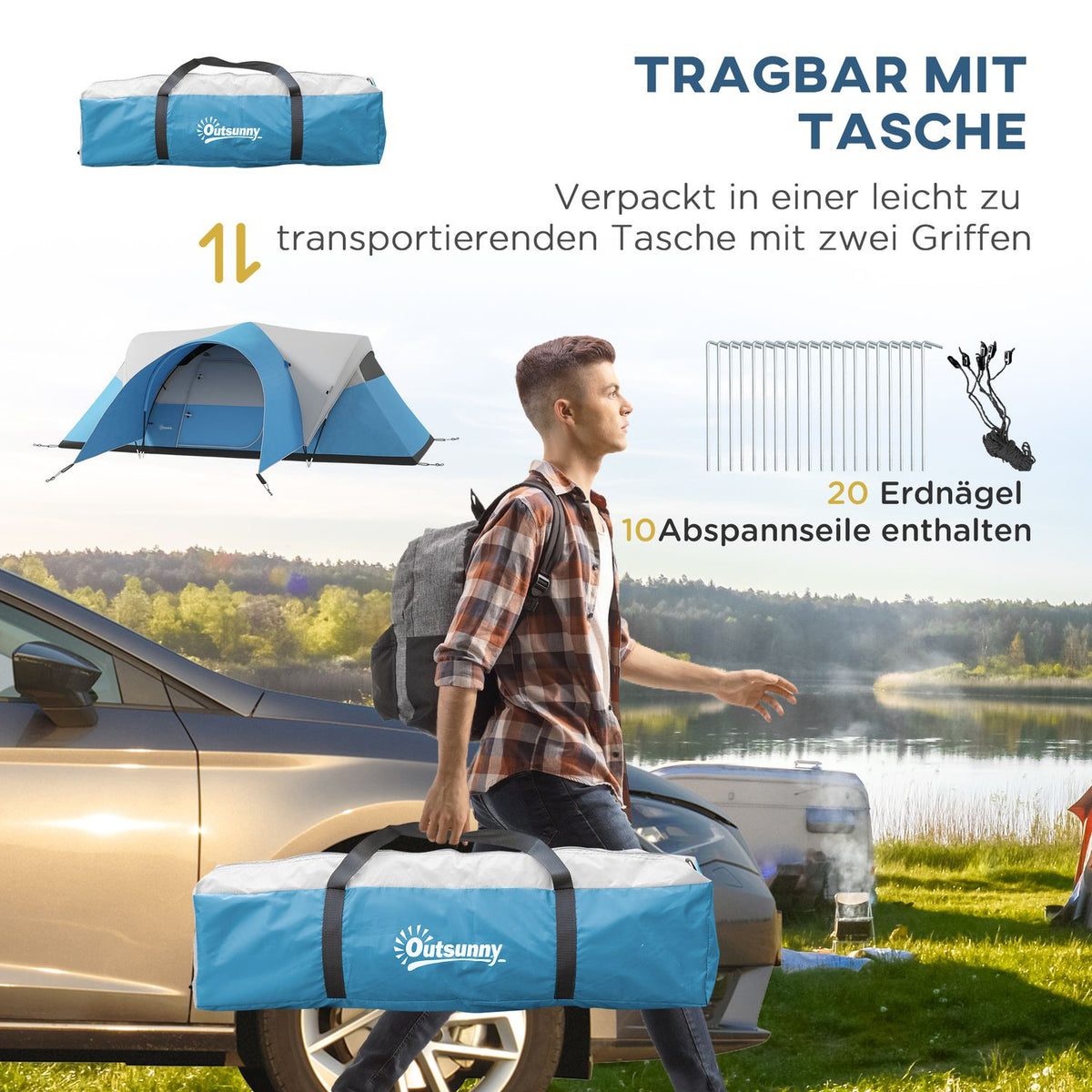 Tunnel Tent, Camping Tent, Water-Repellent Family Tent for 6 People, Festival Tent with Window, Carry Bag, for Garden, Patio, Blue