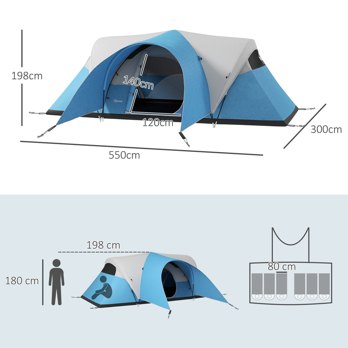 Tunnel Tent, Camping Tent, Water-Repellent Family Tent for 6 People, Festival Tent with Window, Carry Bag, for Garden, Patio, Blue
