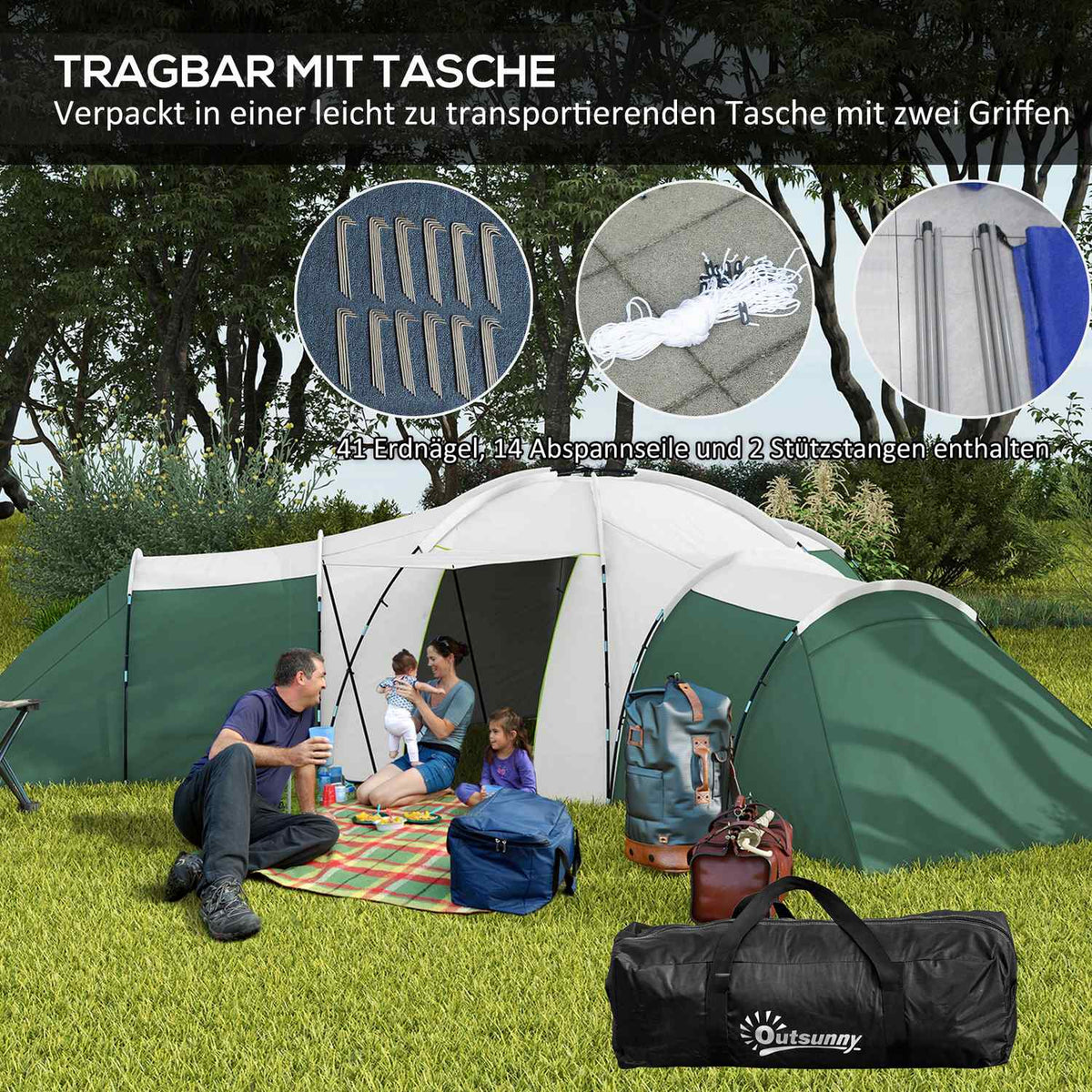 Tunnel Tent, Camping Tent for 6-9 Persons, Family Tent with 3 Bedrooms, Living Room, Porch, Carry Bag, 2000mm Water Resistant Oxford, for Garden, Green