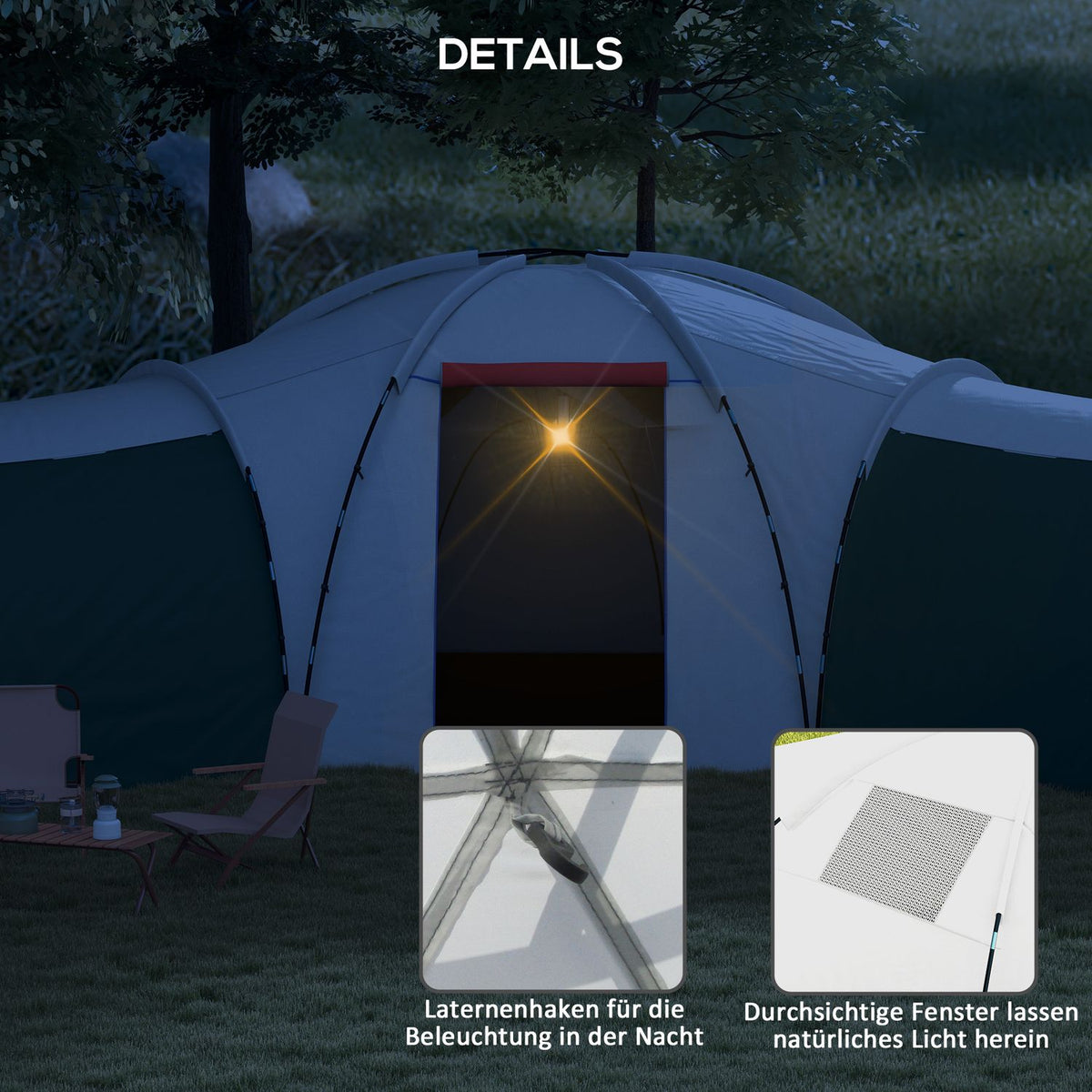 Tunnel Tent, Camping Tent for 6-9 Persons, Family Tent with 3 Bedrooms, Living Room, Porch, Carry Bag, 2000mm Water Resistant Oxford, for Garden, Green