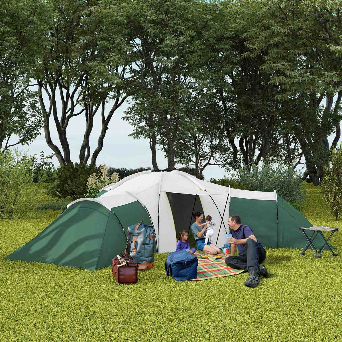 Tunnel Tent, Camping Tent for 6-9 Persons, Family Tent with 3 Bedrooms, Living Room, Porch, Carry Bag, 2000mm Water Resistant Oxford, for Garden, Green