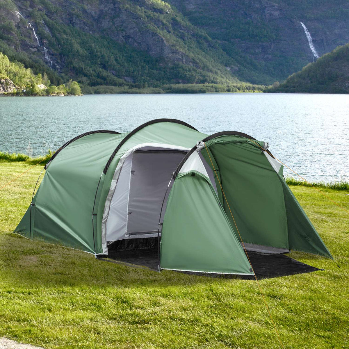 Tunnel Tent For 2-3 Persons 190T Camping Tent With Pegs, Fiberglass & Polyester, Dark Green, 426X206X154Cm
