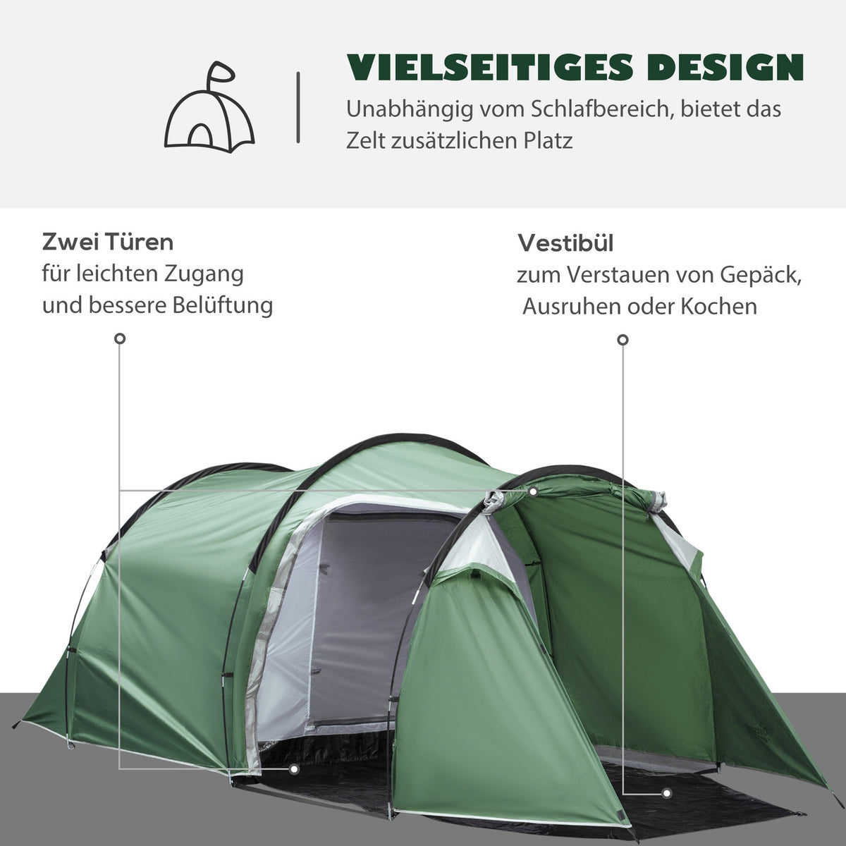 Tunnel Tent For 2-3 Persons 190T Camping Tent With Pegs, Fiberglass & Polyester, Dark Green, 426X206X154Cm
