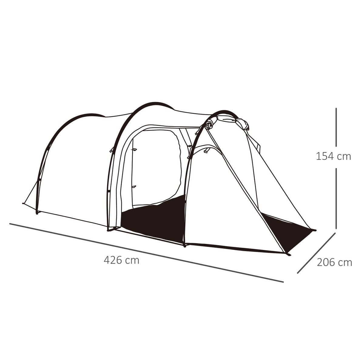 Tunnel Tent For 2-3 Persons 190T Camping Tent With Pegs, Fiberglass & Polyester, Dark Green, 426X206X154Cm