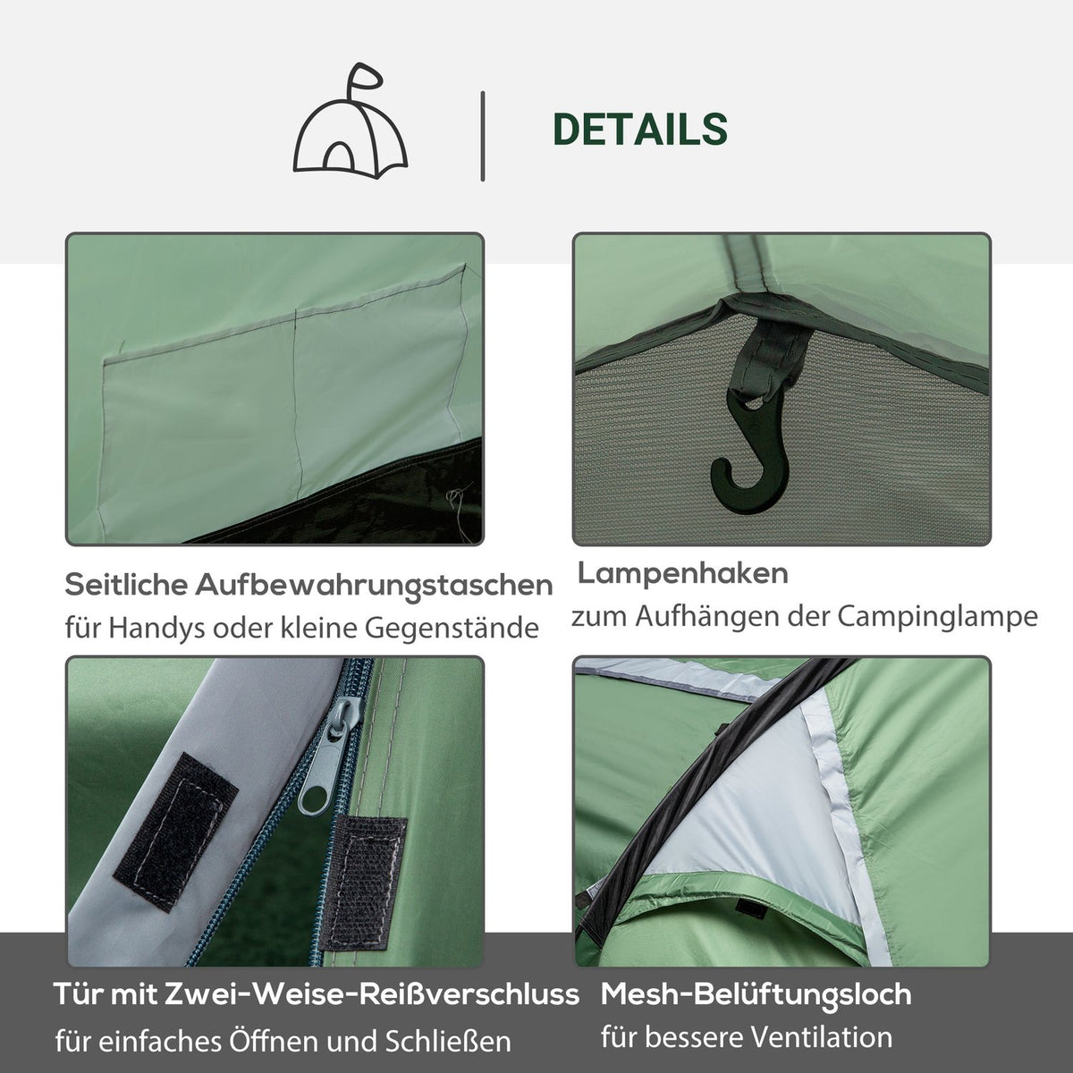 Tunnel Tent For 2-3 Persons 190T Camping Tent With Pegs, Fiberglass & Polyester, Dark Green, 426X206X154Cm