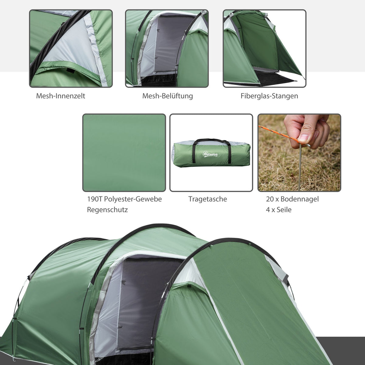 Tunnel Tent For 2-3 Persons 190T Camping Tent With Pegs, Fiberglass & Polyester, Dark Green, 426X206X154Cm