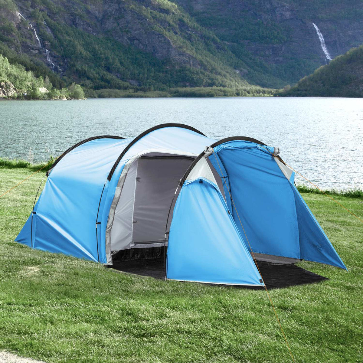 Tunnel Tent For 2-3 Persons 190T Camping Tent With Pegs, Fiberglass & Polyester, Light Blue, 426X206X154Cm