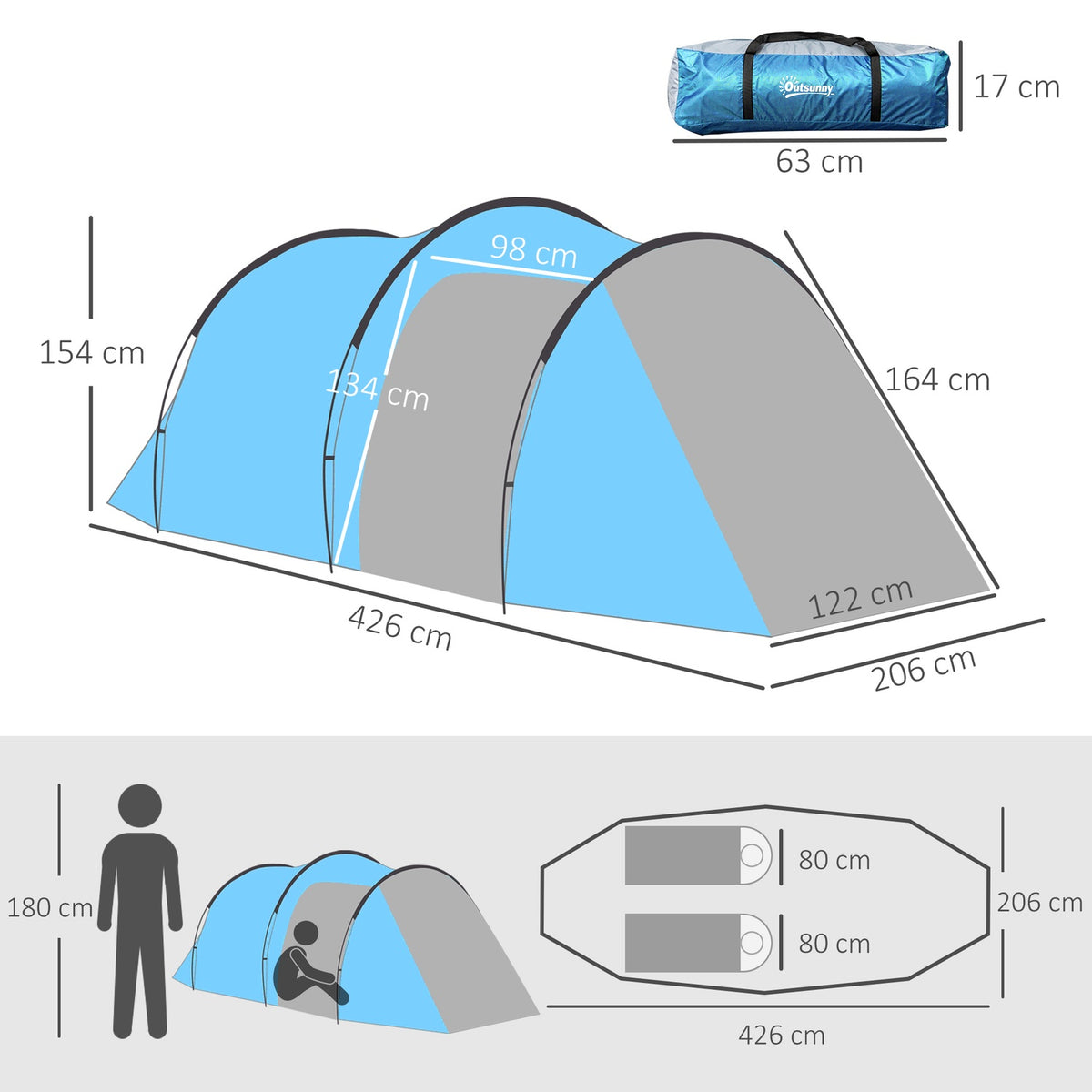Tunnel Tent For 2-3 Persons 190T Camping Tent With Pegs, Fiberglass & Polyester, Light Blue, 426X206X154Cm