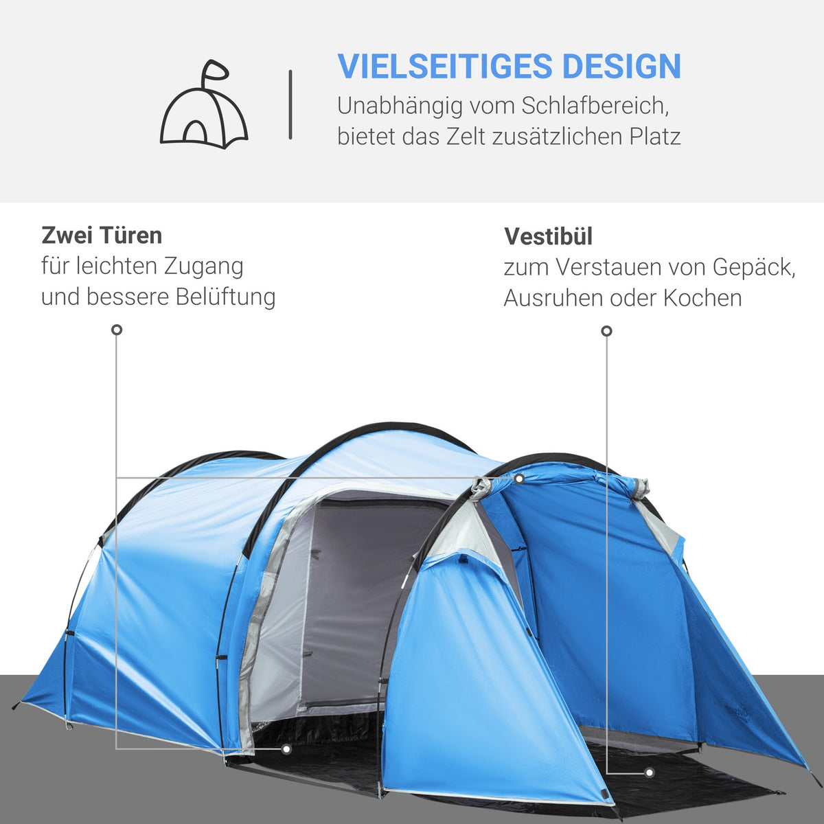 Tunnel Tent For 2-3 Persons 190T Camping Tent With Pegs, Fiberglass & Polyester, Light Blue, 426X206X154Cm