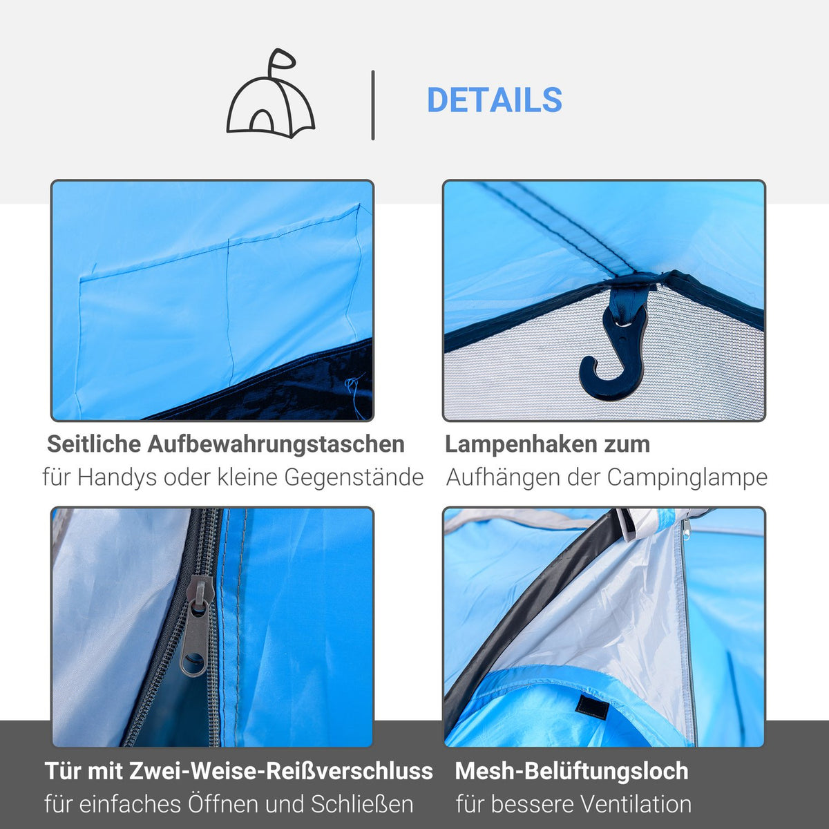 Tunnel Tent For 2-3 Persons 190T Camping Tent With Pegs, Fiberglass & Polyester, Light Blue, 426X206X154Cm