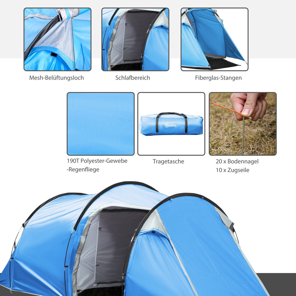 Tunnel Tent For 2-3 Persons 190T Camping Tent With Pegs, Fiberglass & Polyester, Light Blue, 426X206X154Cm