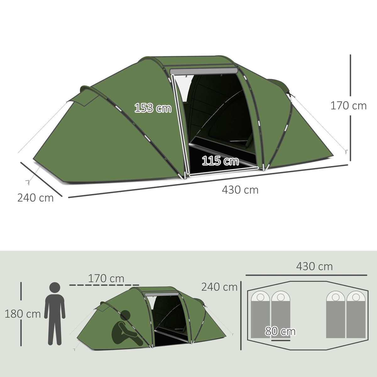 Tunnel Tent for 4-6 People, Waterproof 2000mm, Green
