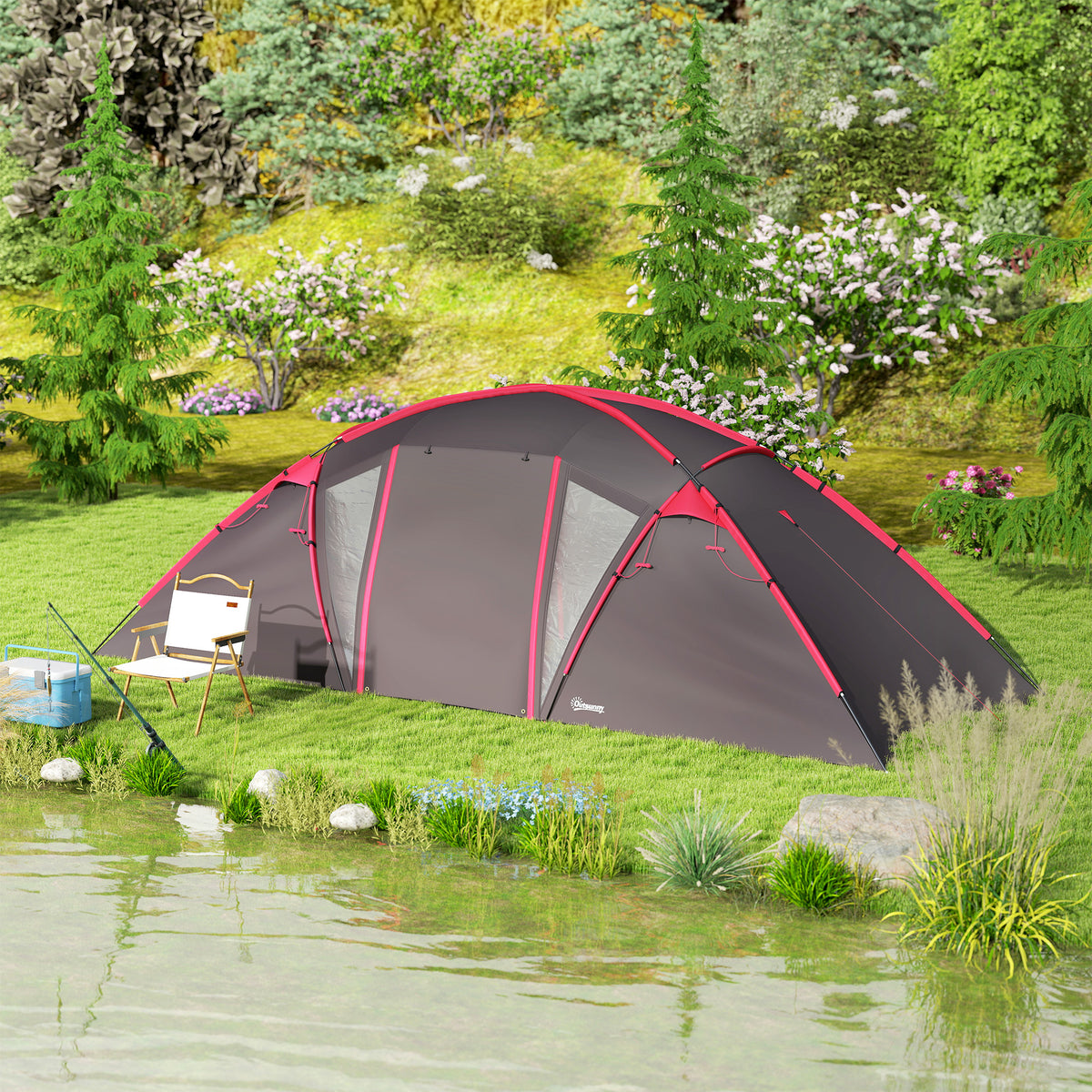 Tunnel tent, camping tent for 4-6 people, with 3 rooms, light hooks, double doors, grey