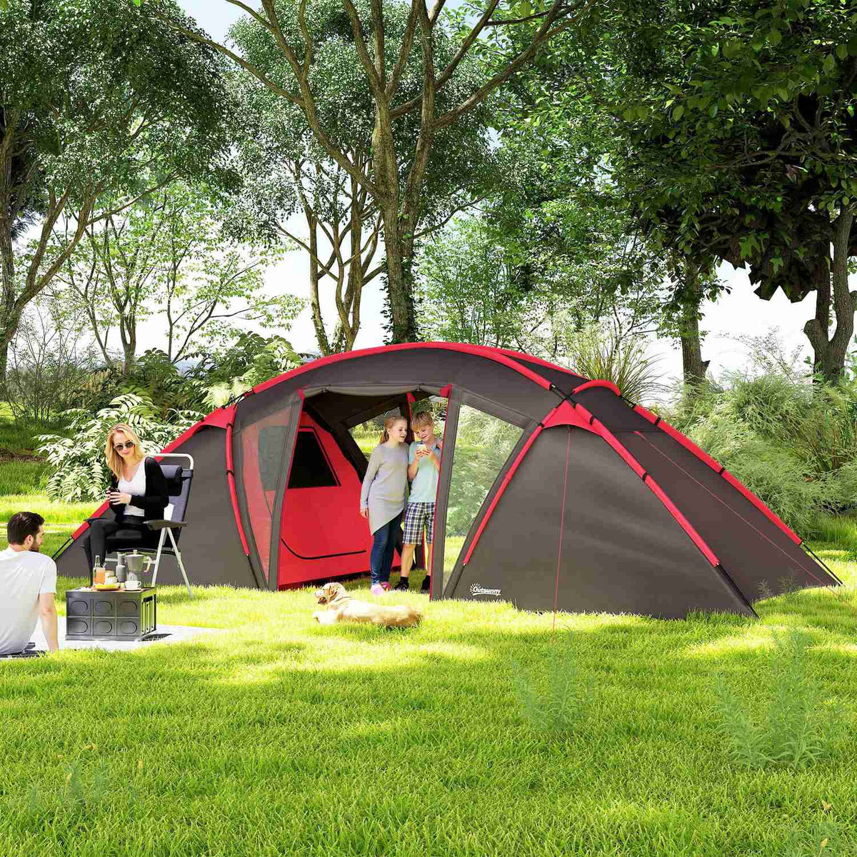 Tunnel tent, camping tent for 4-6 people, with 3 rooms, light hooks, double doors, grey