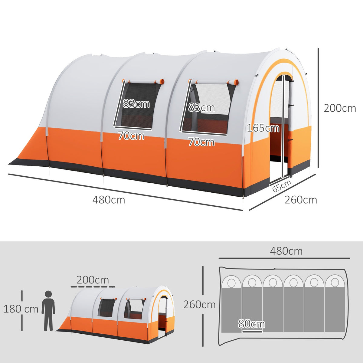 Tunnel tent, camping tent for 6 people, with 2 rooms, light hook, group tent with carry bag, 3000mm water-repellent family tent, for garden, campsite, cream white |