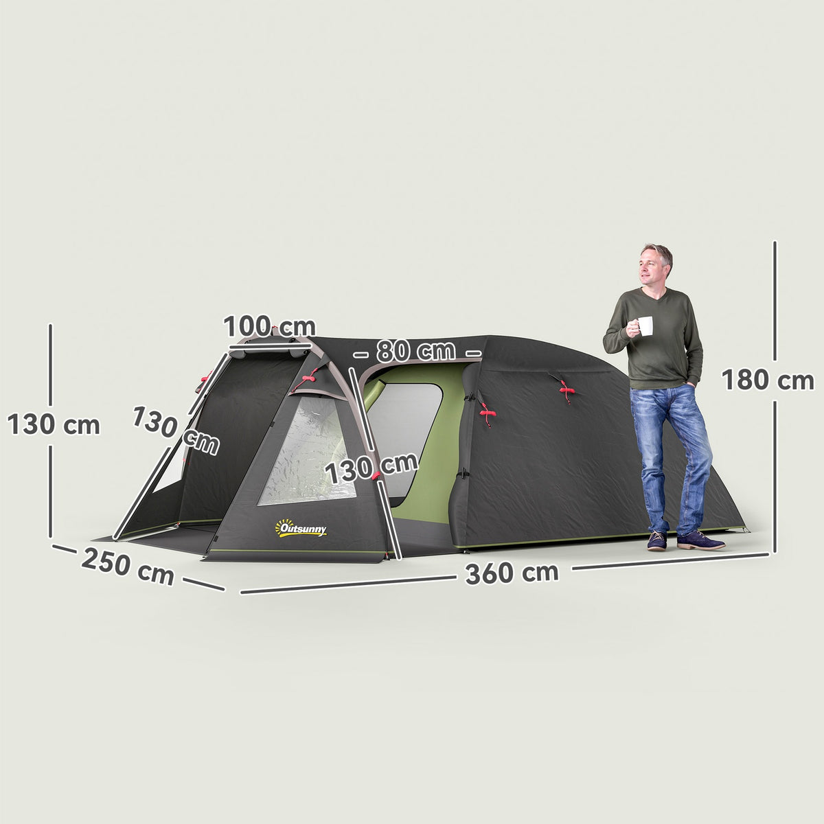 Tunnel tent for 4 people, lightweight, stable, waterproof, UV 50+ camping tent with canopy, double door, black