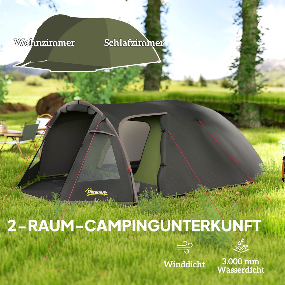 Tunnel tent for 4 people, lightweight, stable, waterproof, UV 50+ camping tent with canopy, double door, black