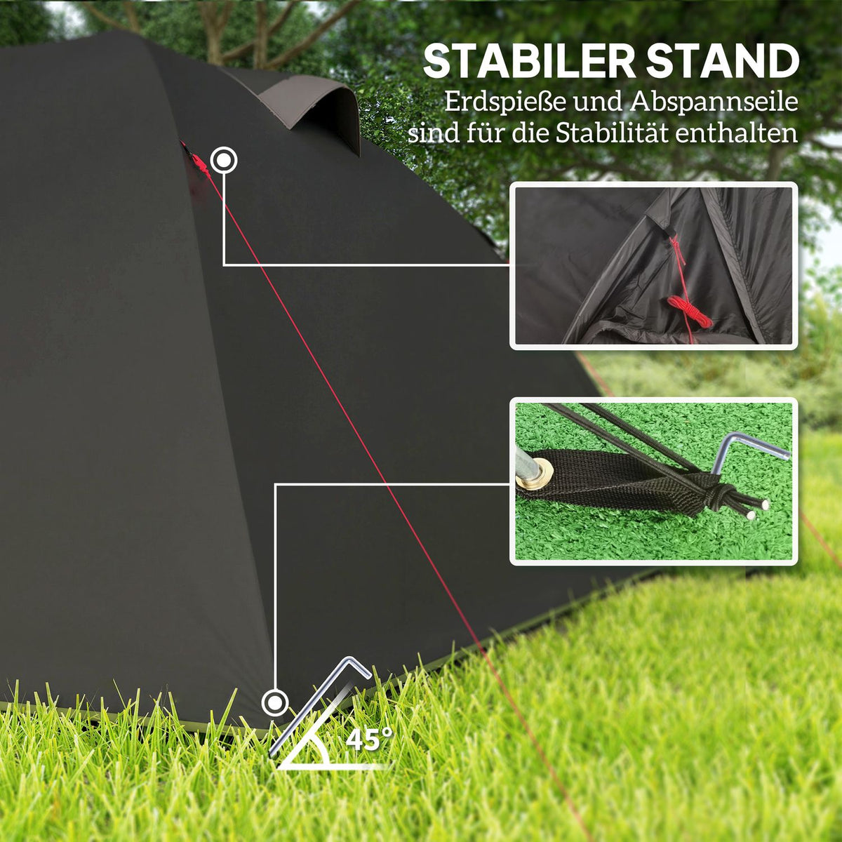 Tunnel tent for 4 people, lightweight, stable, waterproof, UV 50+ camping tent with canopy, double door, black