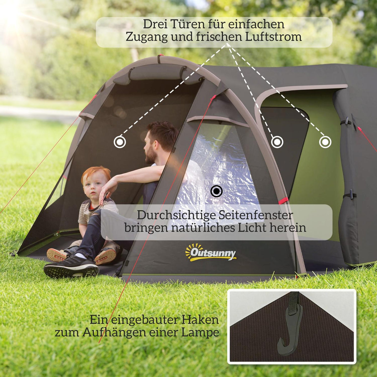 Tunnel tent for 4 people, lightweight, stable, waterproof, UV 50+ camping tent with canopy, double door, black