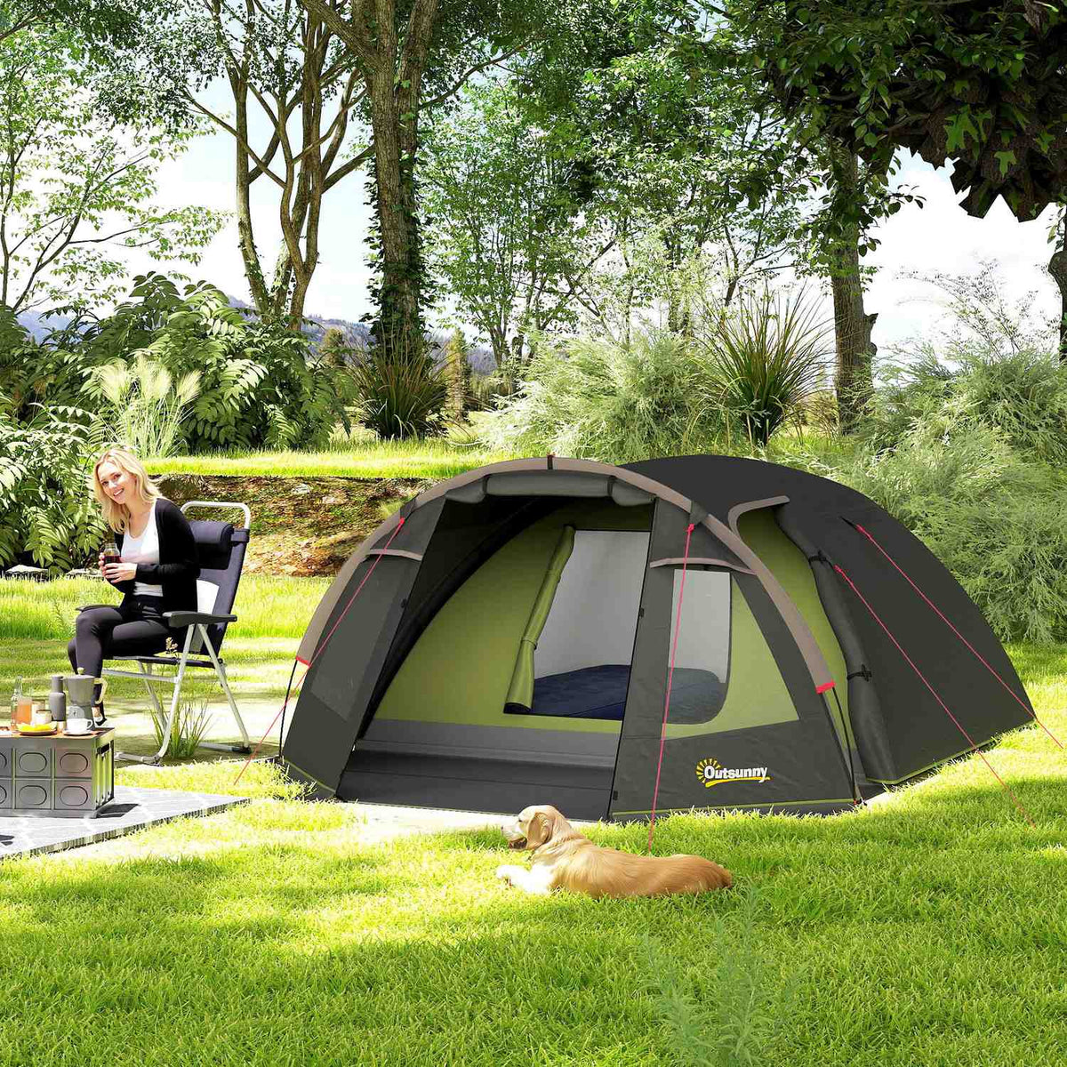 Tunnel tent for 4 people, lightweight, stable, waterproof, UV 50+ camping tent with canopy, double door, black