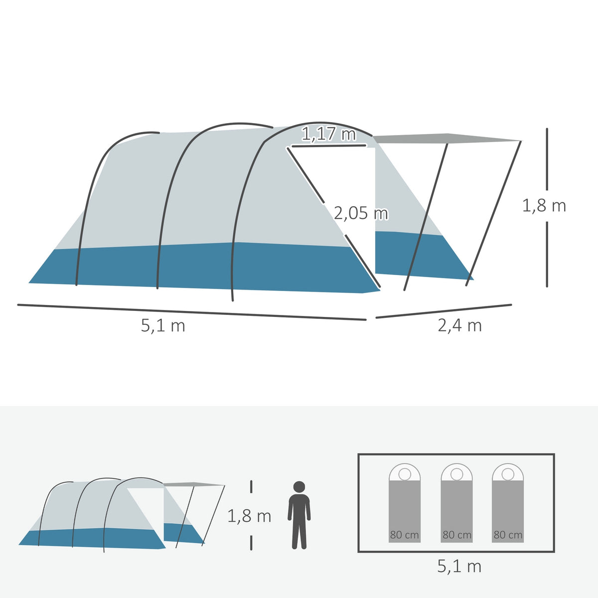 Tunnel tent for 8 people, camping tent with sleeping cabin, living room, family tent with carry bag, groundsheet, group tent with 3 doors, 2000 mm water column, blue
