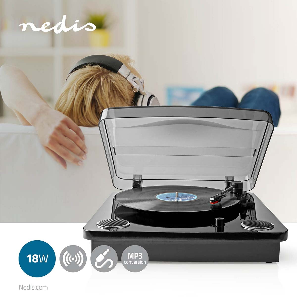 Turntable | 33 / 45 / 78 rpm | Belt Drive | 1x Stereo RCA | Bluetooth® | 18 W | Built-in (pre) amplifier | MP3 conversion | ABS / MDF | Black