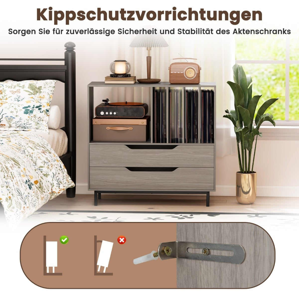 Turntable Stand with 4 Vinyl Slots & 2 Drawers, Gray