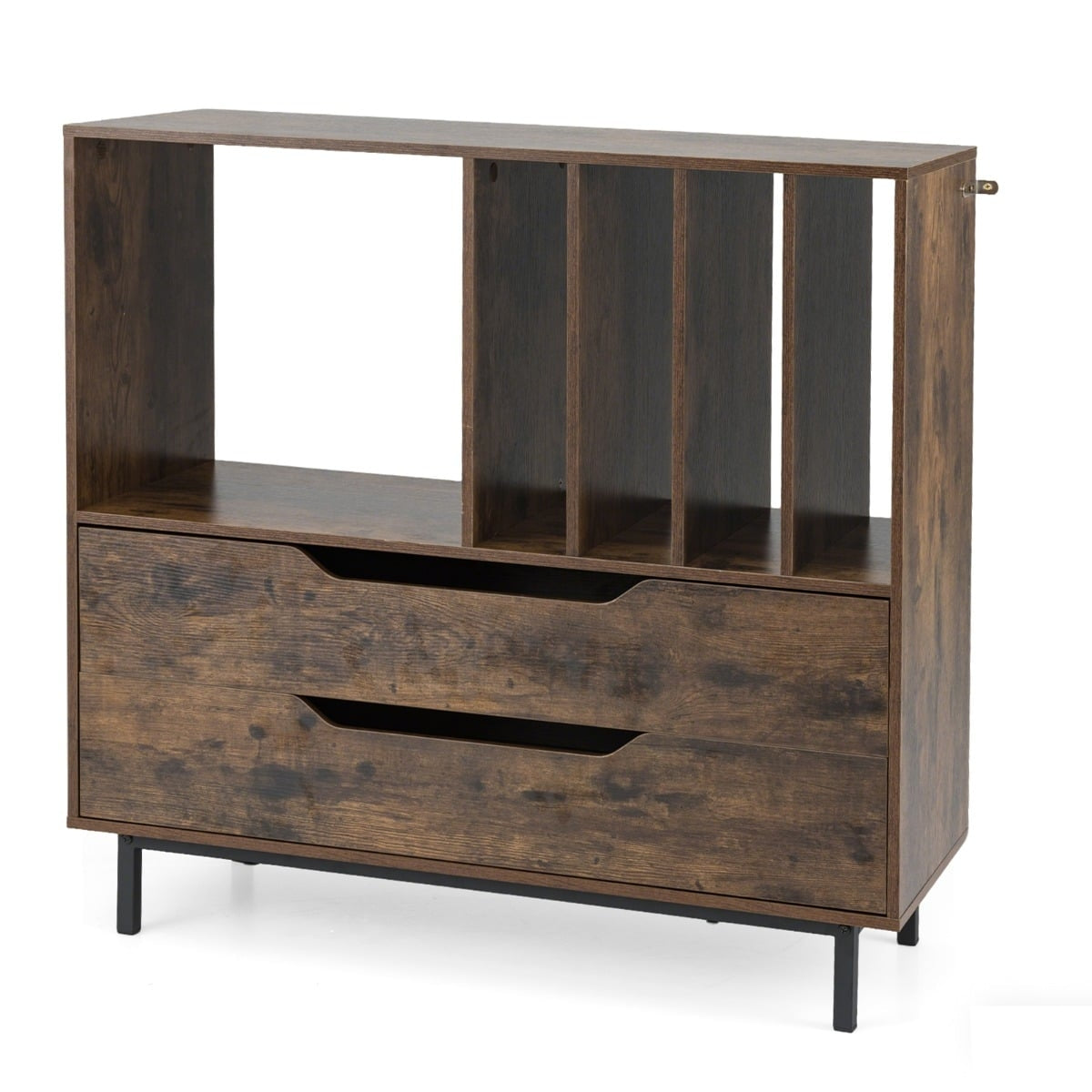 Turntable Stand with 4 Vinyl Slots & 2 Drawers, Rustic Brown