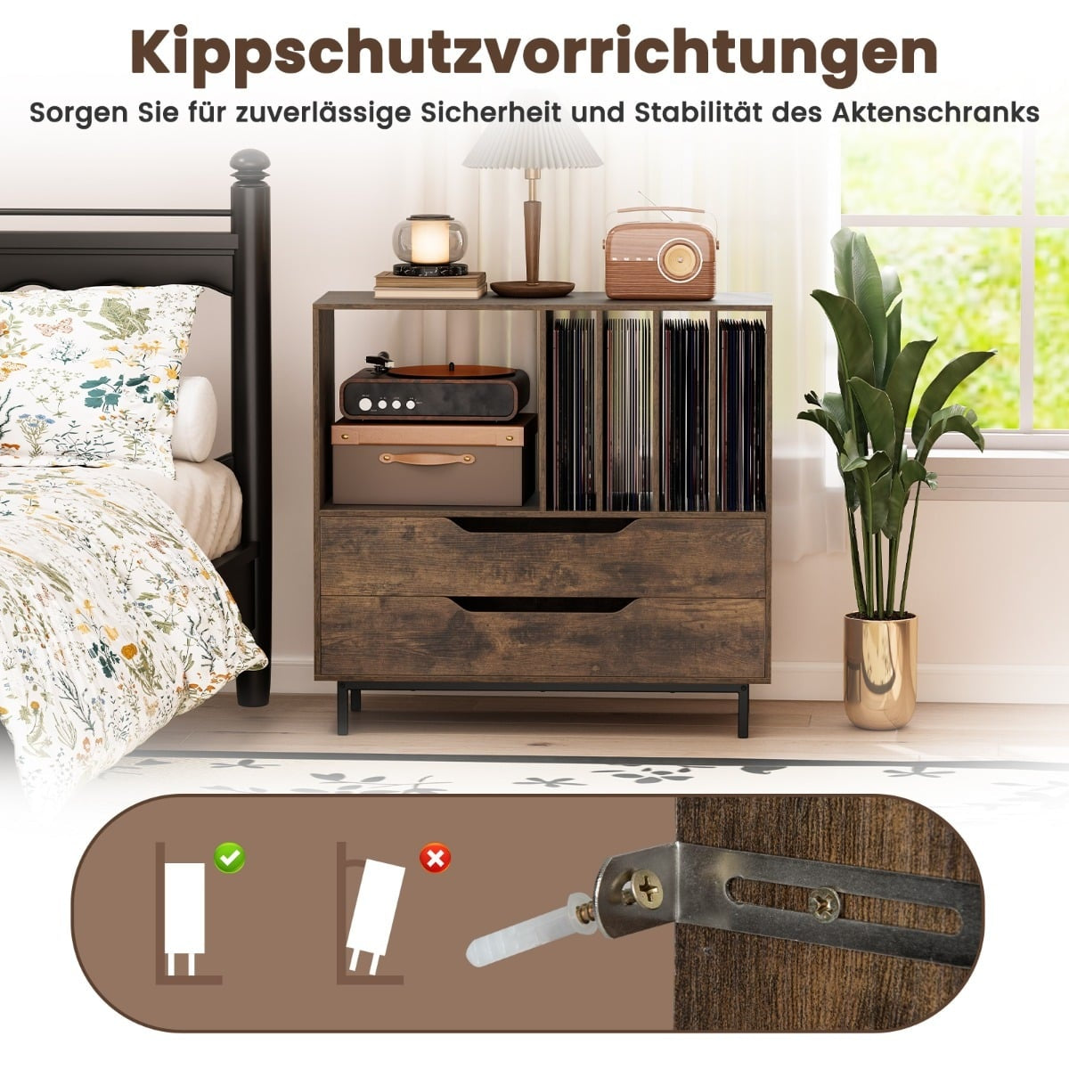 Turntable Stand with 4 Vinyl Slots & 2 Drawers, Rustic Brown
