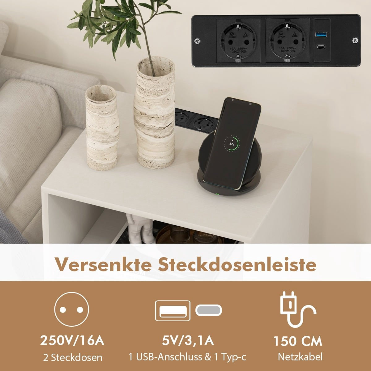 Turntable Stand with Charging Station, 3-Tier, White, 48x40x88 cm