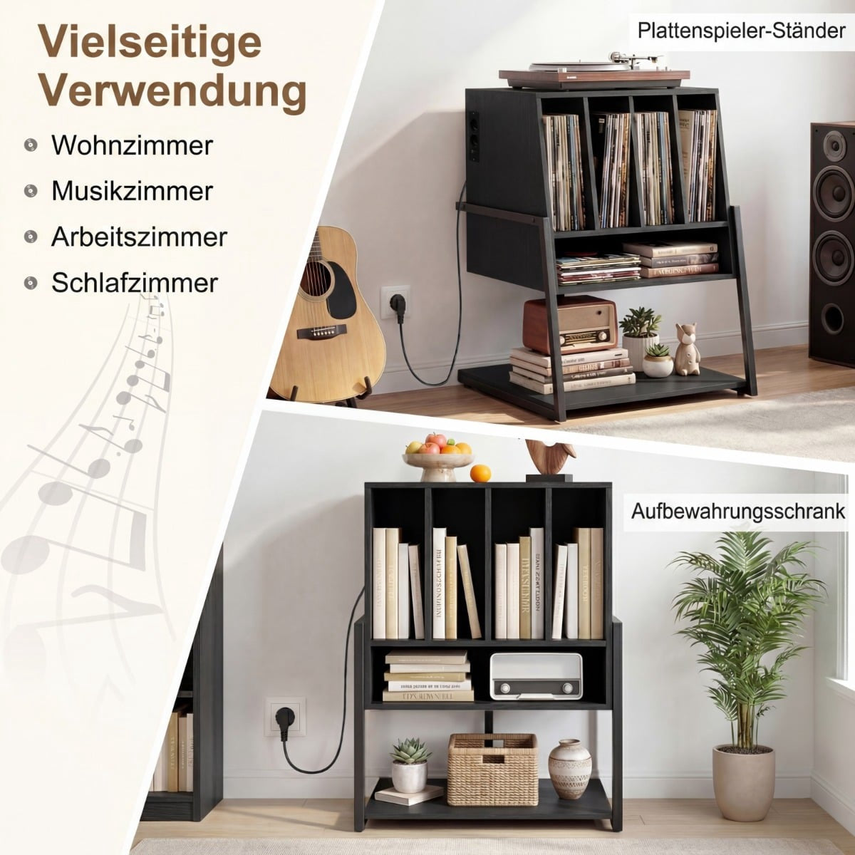 Turntable Stand with Charging Station & Shelves, Black