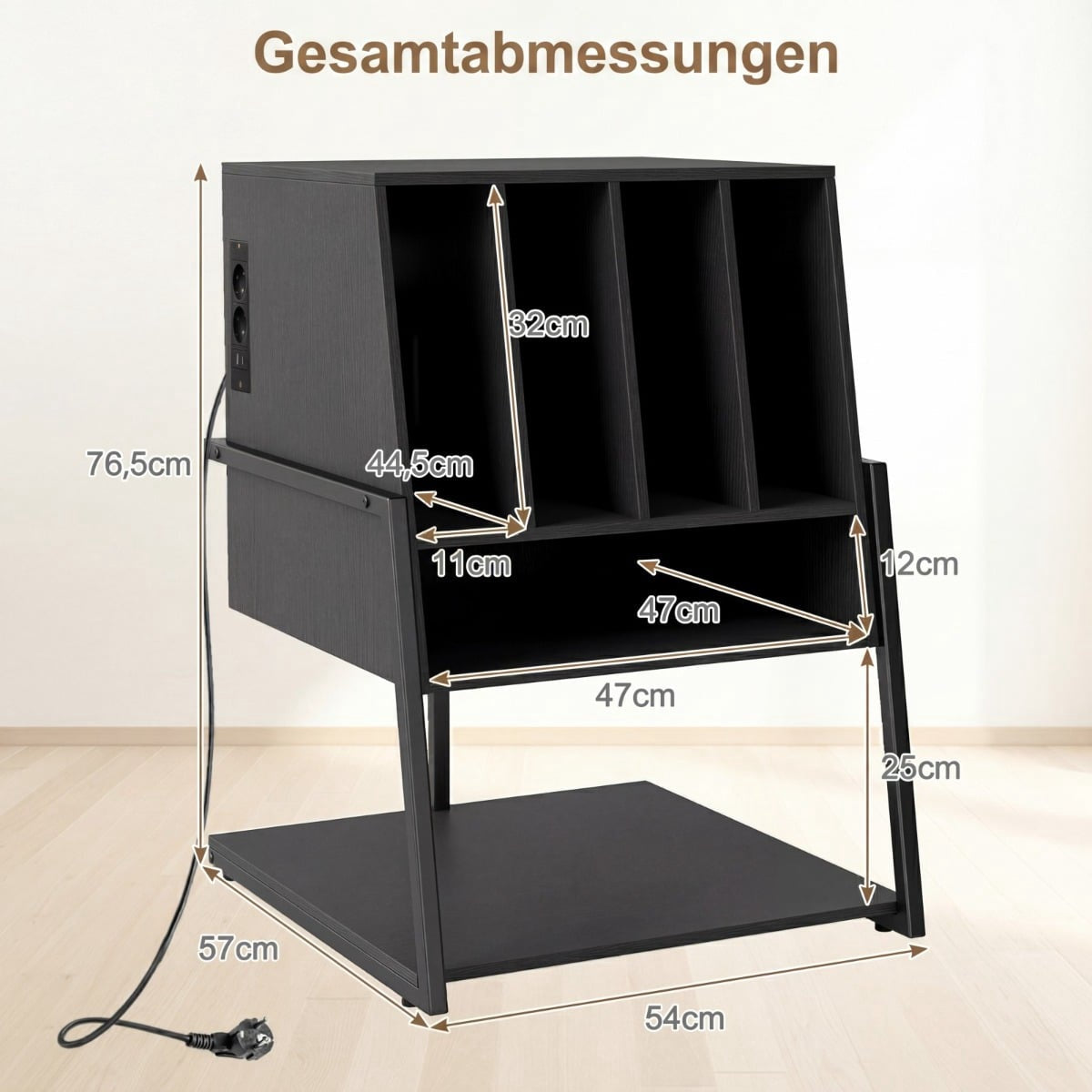 Turntable Stand with Charging Station & Shelves, Black