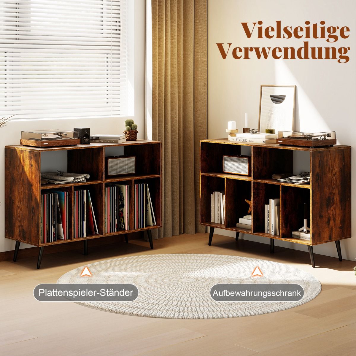 Turntable Stand with Vinyl Storage, Rustic Brown