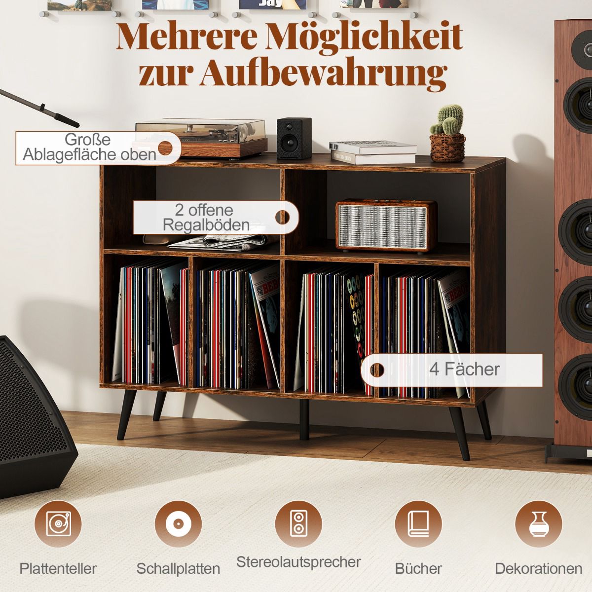Turntable Stand with Vinyl Storage, Rustic Brown
