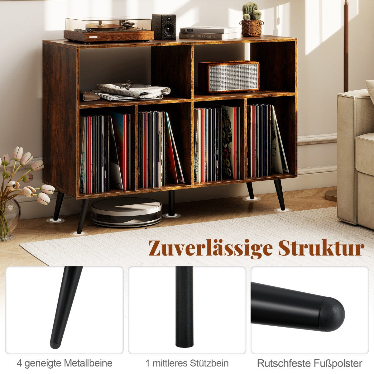 Turntable Stand with Vinyl Storage, Rustic Brown