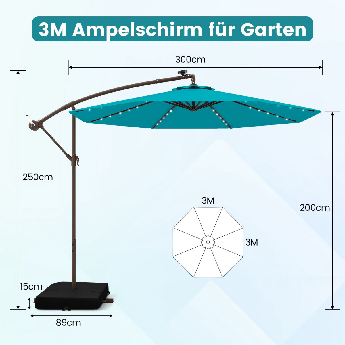 Turquoise 3m Patio Umbrella with Solar LED Lights & Sandbags