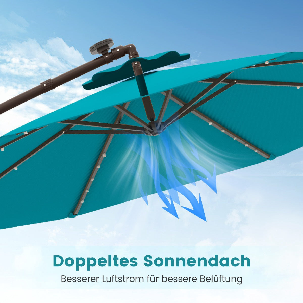 Turquoise 3m Patio Umbrella with Solar LED Lights & Sandbags