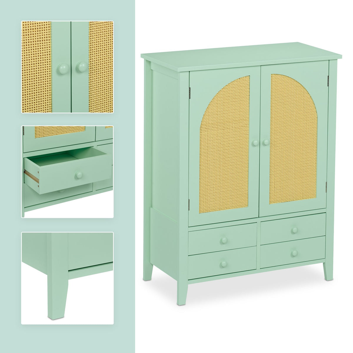 Turquoise Rattan Sideboard – 2 Compartments, 4 Drawers