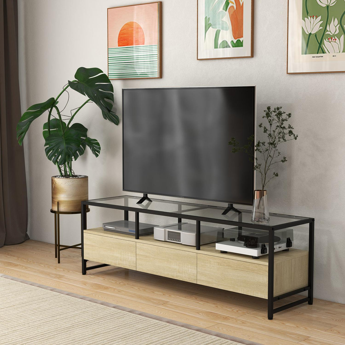 Tv Cabinet Tv Cabinet With 3 Cabinets & Open Compartment, Tv Board For Devices Up To 65", Oak