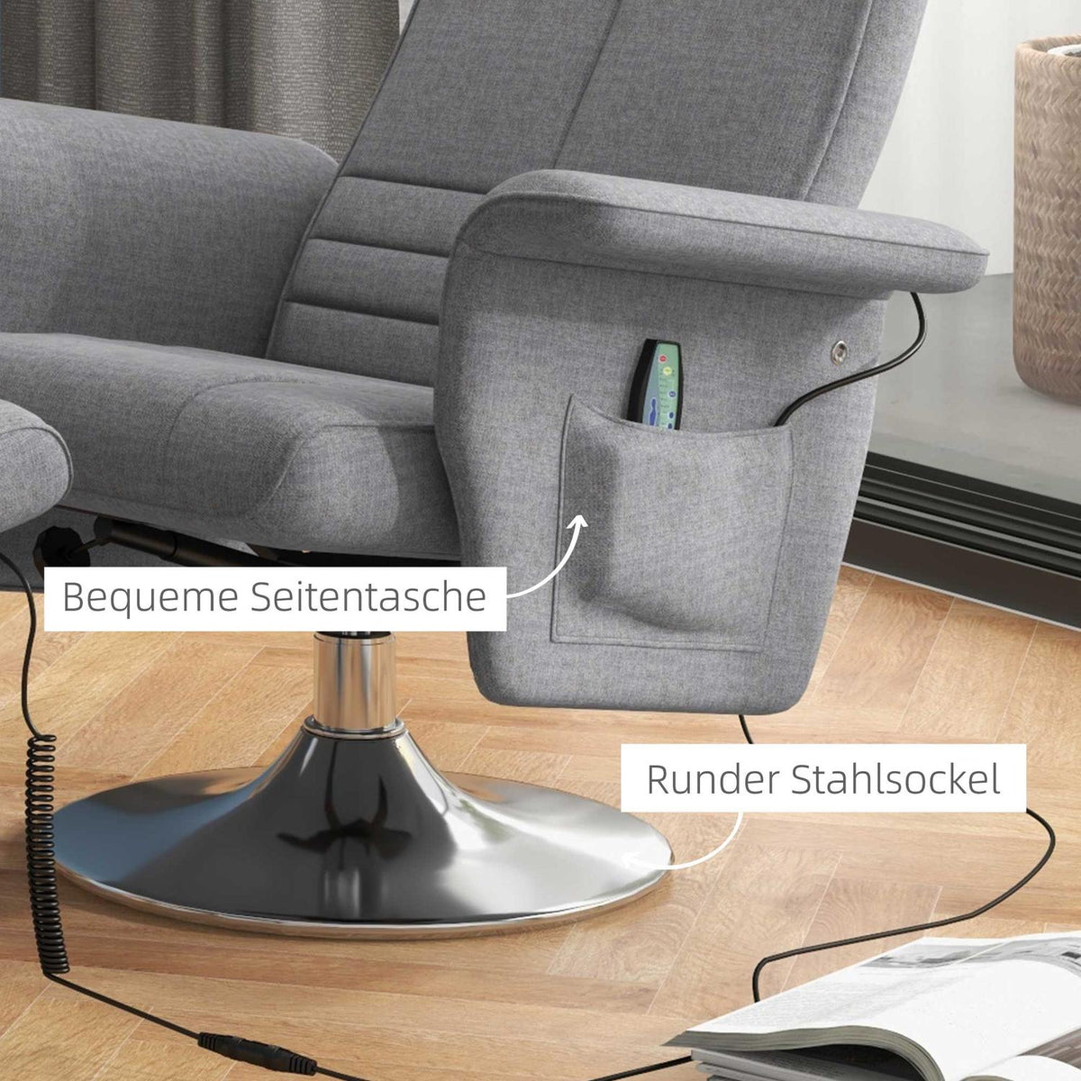 Tv Chair Footstool Electric Relaxation Chair Reclining Function Vibration Massage Remote Control Linen Look Dark Gray