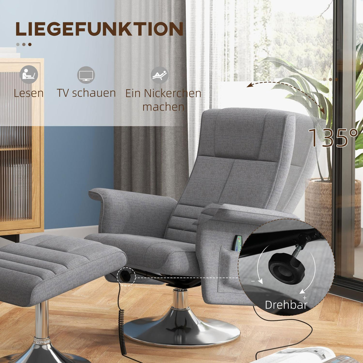 Tv Chair Footstool Electric Relaxation Chair Reclining Function Vibration Massage Remote Control Linen Look Dark Gray