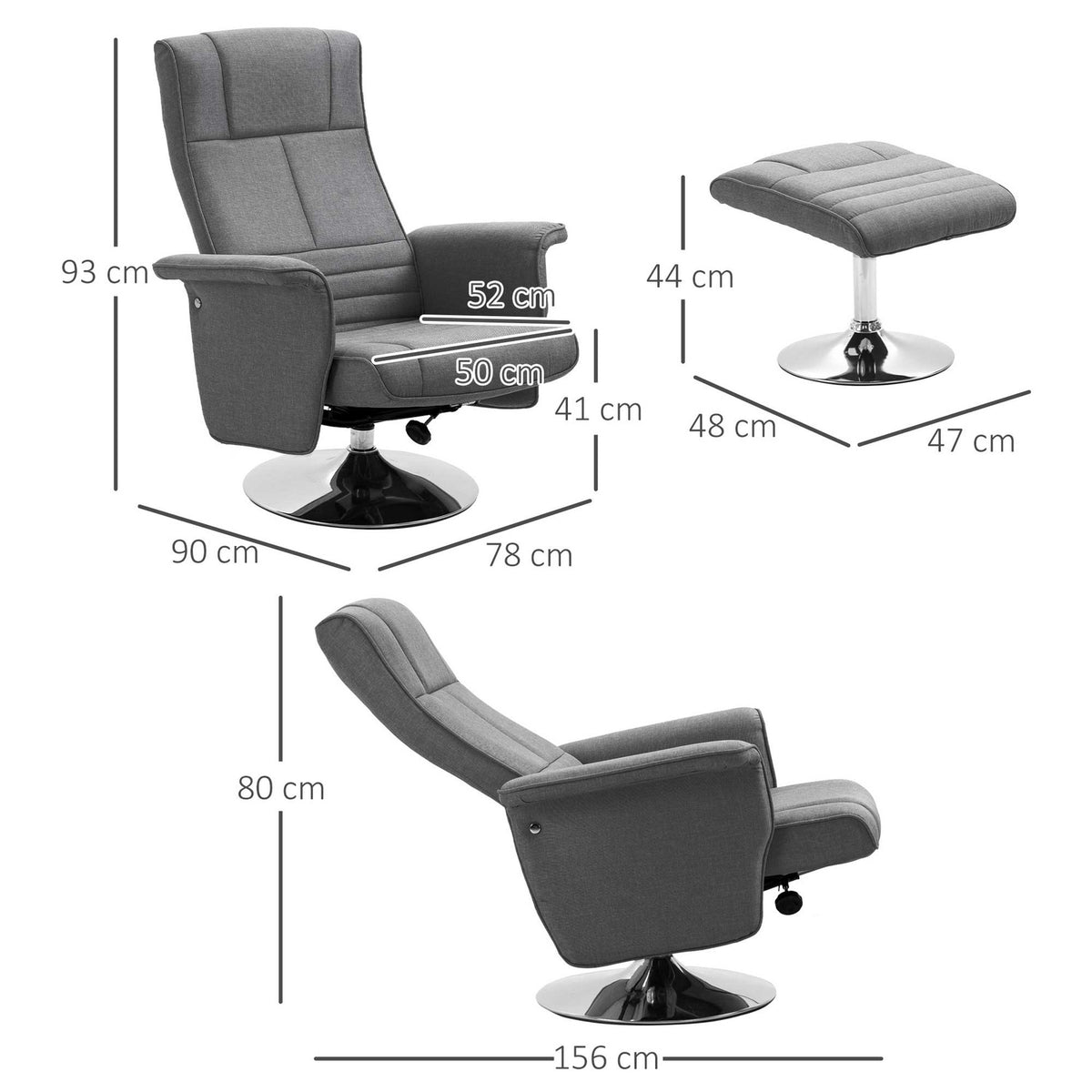 Tv Chair Footstool Electric Relaxation Chair Reclining Function Vibration Massage Remote Control Linen Look Dark Gray